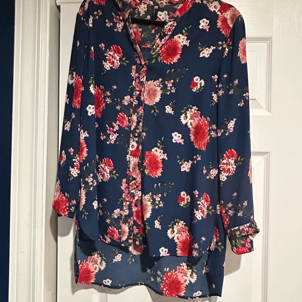 Kut from the Kloth Navy Floral Button-Front Blouse with Red & Pink Blooms